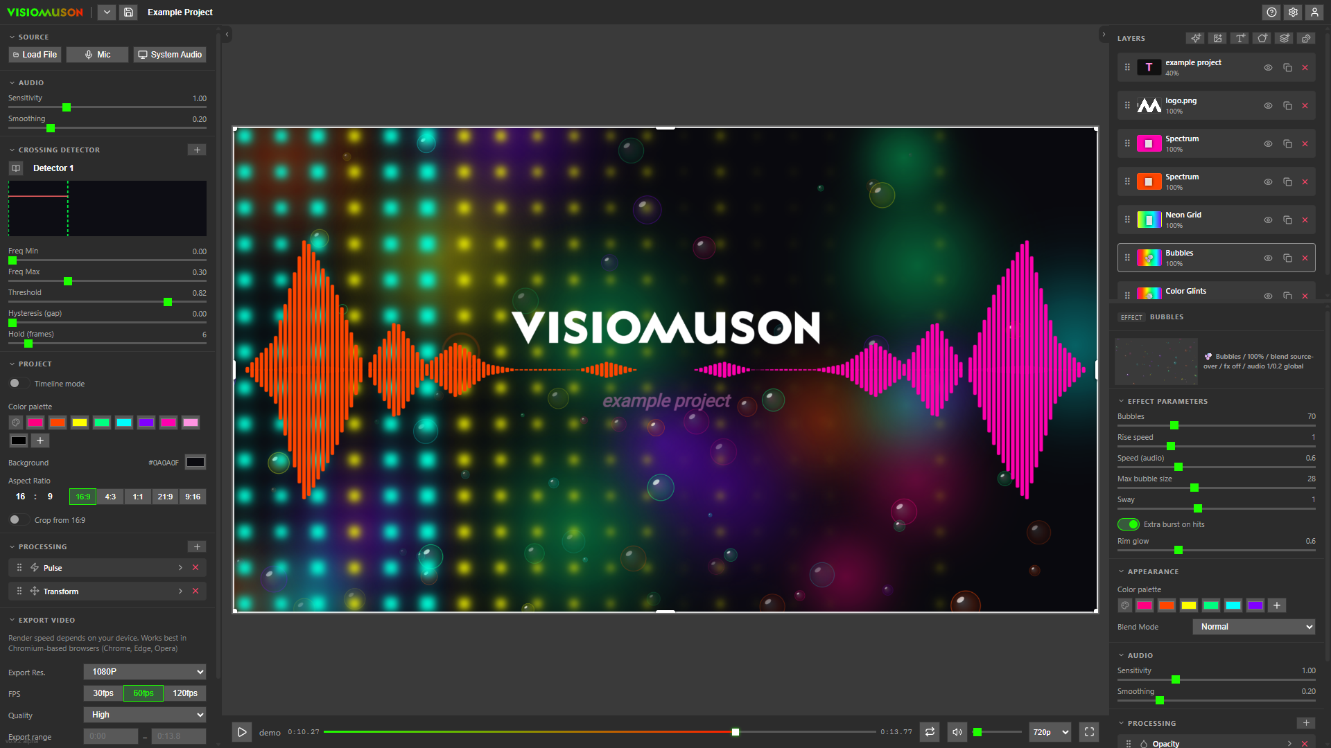 Visiomuson editor with an audio-reactive visualization on canvas